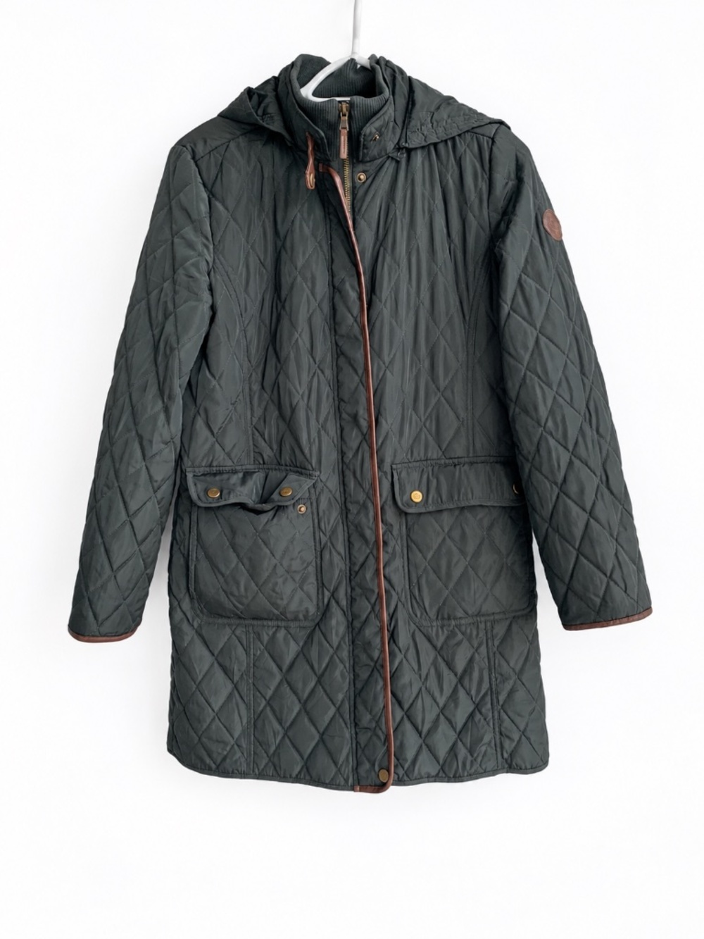Lauren Ralph Lauren Quilted Parka Jacket Women's S Green Hooded Long Elbow patch